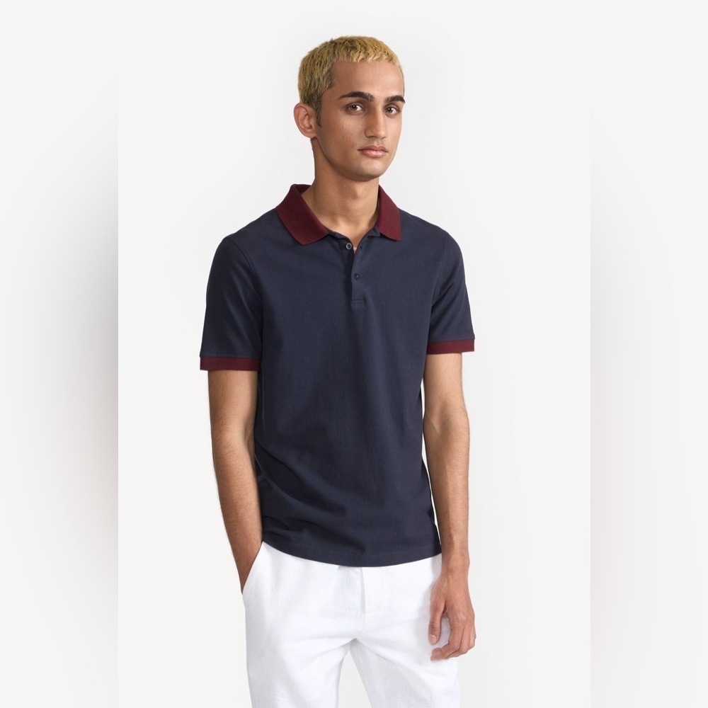 LTB Men’s Navy Blue Polo Shirt with Burgundy Trim - Size M